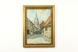 Village Street Scene Antique Original Watercolor Painting, Clusmann 28" #41062