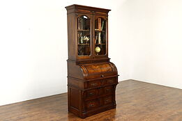 Victorian Eastlake Antique Walnut Cylinder Secretary Desk & Bookcase #40501