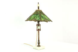 Neoclassical 6 Panel Stained Glass Shade Antique Desk Lamp, Onyx Base #40863