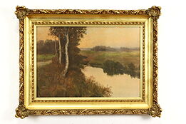 Birches & Stream at Sunset Antique Watercolor Painting Weneke 40.5" #41195