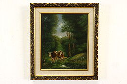 Cows Wandering in a Forest Antique Original Oil Painting Modern Frame 14" #40940