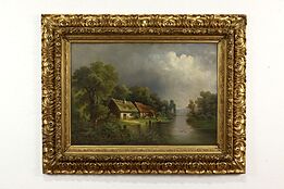 Cottages on a Pond & Birds Antique Original Oil Painting Dortscki 48.5" #41177