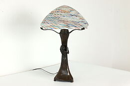 Art Nouveau Style Vintage Bronze Office or Library Lamp, Art Glass Shade #41234