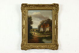 Mother & Child, Thatch Farmhouse Antique Original Oil Painting Evans 16" #41194