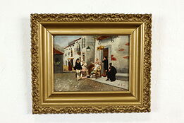 Village Barber & Shopping Women Vintage Original Oil Painting 13" #41197