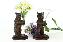 Pair of Black Forest Antique Carved Bear Sculptures with Glass Bud Vases #37839