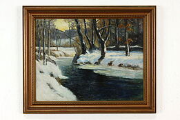 Winter Stream Landscape Vintage Original Oil Painting, Cordy 21" #41152