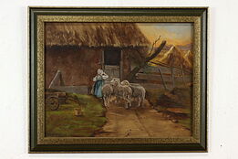 Young Girl Putting Sheep Away Vintage Original Oil Painting 21.5" #41141
