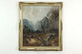 Mountain Valley Stream Landscape Vintage Original Oil Painting Bauer 37" #41060