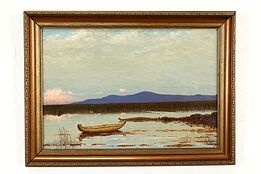 Lake with Canoe & Mountains Original Vintage Oil Painting Rubina 18"  #41397