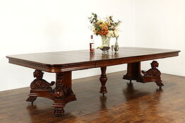 Renaissance Antique Oak 54" Dining Table, Carved Dragons, Extends 10'  #40900