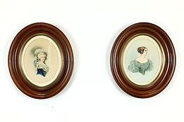 Oval Pair of Portraits Antique Original Watercolor Paintings, Grylls 14" #41632]