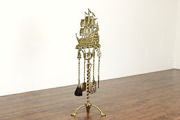 Fireplace Hearth Brass Tools & Stand, Vintage Dom Fernando Ship Motif #41049