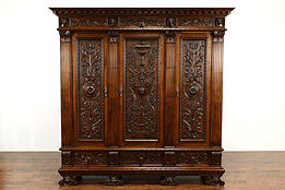 Italian Renaissance Antique Carved Walnut Armoire, Wardrobe or Closet #38557