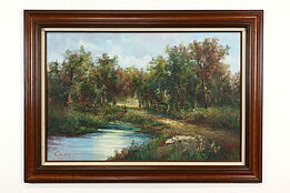Forest Path, River & Bridge Vintage Original Oil Painting, Coft 44" #41020