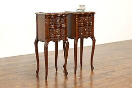 Pair of French Design Carved Walnut Nightstands, End Tables, Marble Tops #41677