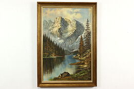Snowy Mountains & Lake Alps Landscape Vintage Original Oil Painting 41" #40912