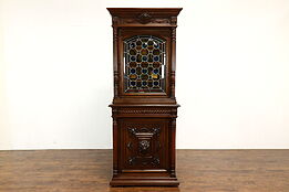 French Renaissance Antique Oak China Cabinet or Bookcase, Stained Glass #40256