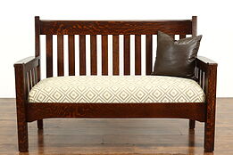 Arts & Crafts Mission Oak Antique Craftsman Hall Bench, Settee New Fabric #41587