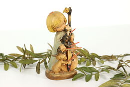 Hand Carved Vintage Young Girl Playing Cello with Pets Alpine Sculpture #41373