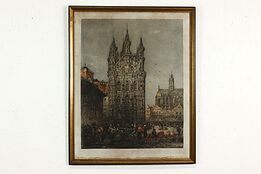 French Cathedral & Village Antique Etching Print, Fonce 29" #40057