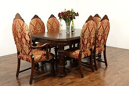 Tudor Vintage Carved Dining Set, Table w/ 3 Leaves & 6 Chairs, Rockford #41711