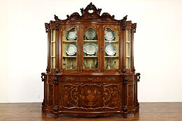 Italian Vintage Carved Walnut Marquetry Breakfront China Display Cabinet #40267