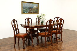 Baroque Italian Marquetry Vintage Dining Set, Table, 6 Leather Chairs #41638