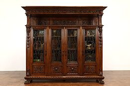 Italian Renaissance Antique Walnut Office Library Bookcase, Carved Lions #41541