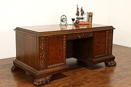 Renaissance Antique Walnut & Burl Office or Library Desk, Carved Paw Feet #41911