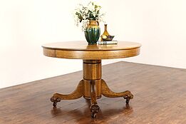Victorian Antique 4' Round Oak Dining Table, 2 Leaves, Lion Paw Feet #41939