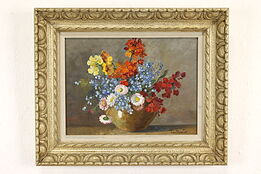 Colorful Flowers in Bowl Vintage Original Oil Painting, Trautweiller 22" #41912