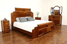 Art Deco Waterfall Vintage 4 Pc. Bedroom Set, Blue Mirrors, King Size Bed #40771