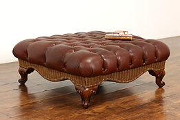 Traditional Vintage Tufted Leather Ottoman, Stool, Bench, Brass Nailheads #41930