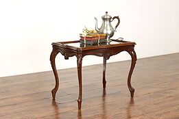 French Style Vintage Carved Walnut Coffee Table, Glass Serving Tray #41734