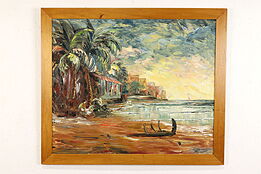 Miami City Beach and Ocean Vintage Original Oil Painting, Vandercar 33.5" #41479