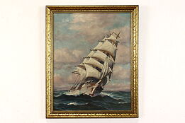 Sailing Ship Cutting Through Waves Vintage Original Oil Painting 23" #41481