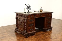 Italian Renaissance Antique Walnut Office or Library Desk, Carved Lions #40249