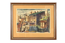 Bustling City Neighborhood Vintage Watercolor Painting, Signed 27.5" #42043