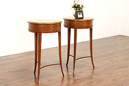 Pair of Vintage Neoclassic Satinwood & Marquetry Lamp, End or Side Tables #39533