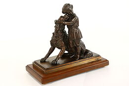 Girl Hugging Spaniel Dog Statue Antique Sculpture with Walnut Base #41921