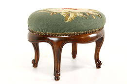 Country French Carved Birch Vintage Footstool, Needlepoint Upholstery #42212