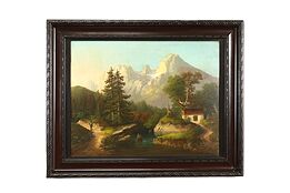Mountain Cabin & Hunter Antique Original Oil Painting 35.5" #41347