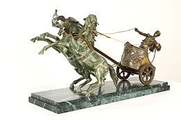 Horses & Chariot Sculpture Antique Bronze Statue, Marble Base #42294
