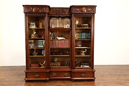 Victorian Antique Carved Oak Triple Office or Library Bookcase Wavy Glass #41032