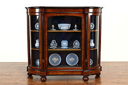 English Victorian Antique Walnut Burl Curved Glass Curio Display Cabinet#39563