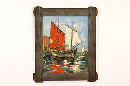 Sailing Ships at Sea Vintage Original Oil Painting, Ferenczy 30.5" #42357