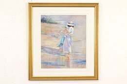 Mother & Children on Beach Vintage Original Pastel Painting Solarz 27.5" #41249