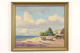 Sailboat on the Beach Vintage Original Oil Painting, Templeton 28" #41246