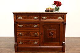 Victorian Eastlake Antique Walnut Burl Sideboard, Bar Cabinet, Marble Top #41122